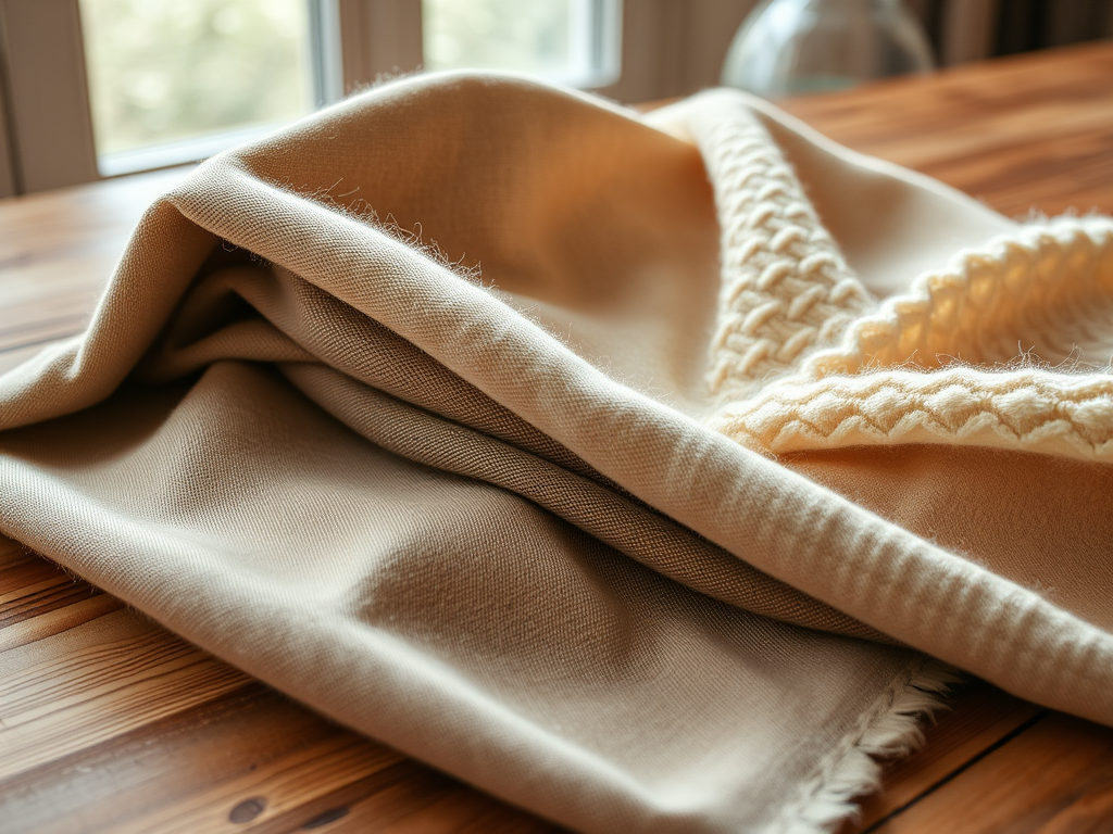 Un tissu beige plié sur une table en bois, avec des motifs délicats sur un côté. Doux et texturé.