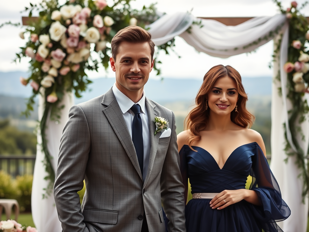 Un homme en costume gris et une femme en robe bleue posent ensemble devant une arche florale, souriants.