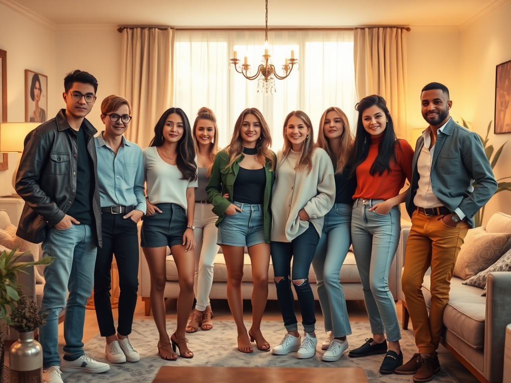 Un groupe de neuf jeunes adultes, souriant, posant dans un salon lumineux et accueillant.