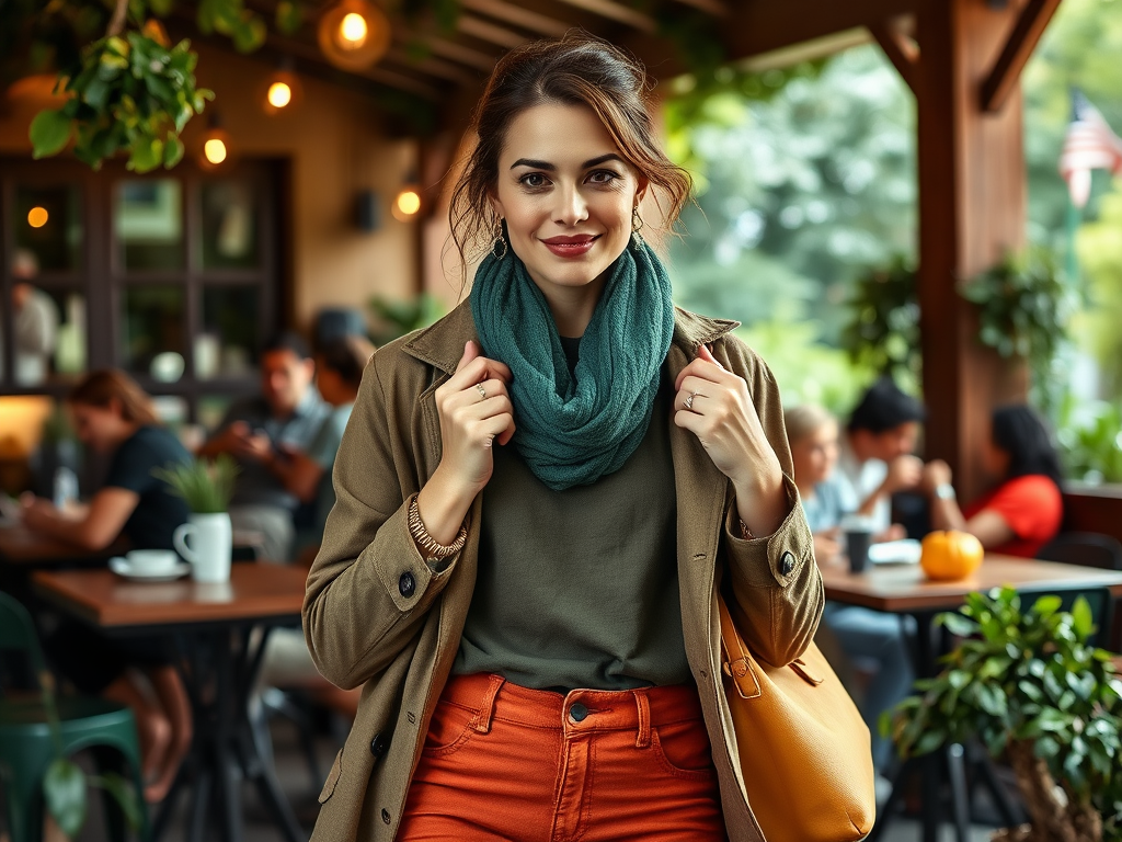 Une femme souriante avec un foulard vert et un manteau, posant dans un café lumineux et accueillant.