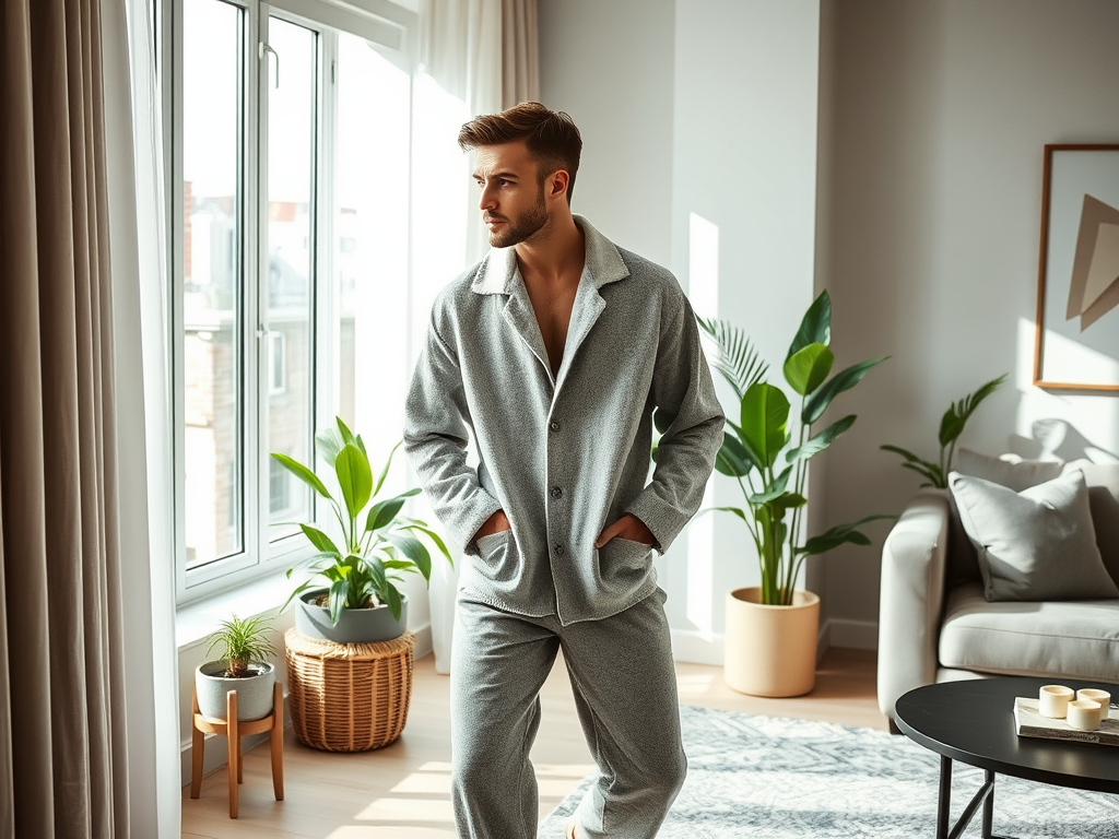 Un homme en pyjama gris se tient près d'une fenêtre, entouré de plantes, dans un salon lumineux et moderne.