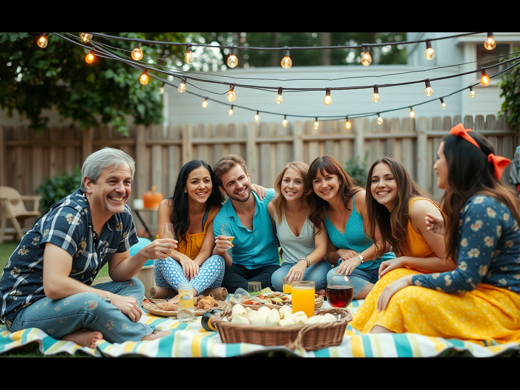 Un groupe d'amis souriant lors d'un pique-nique en plein air, entouré de lumières et de nourriture.