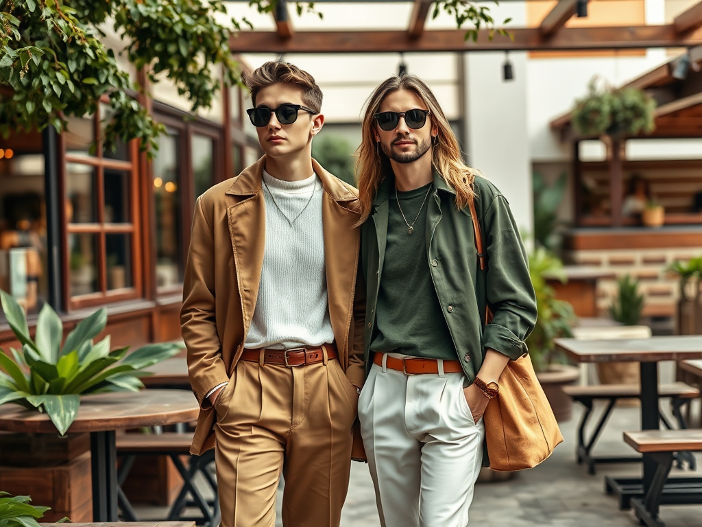 Deux jeunes hommes bien habillés en tenue décontractée, portant des lunettes de soleil, dans un café extérieur.