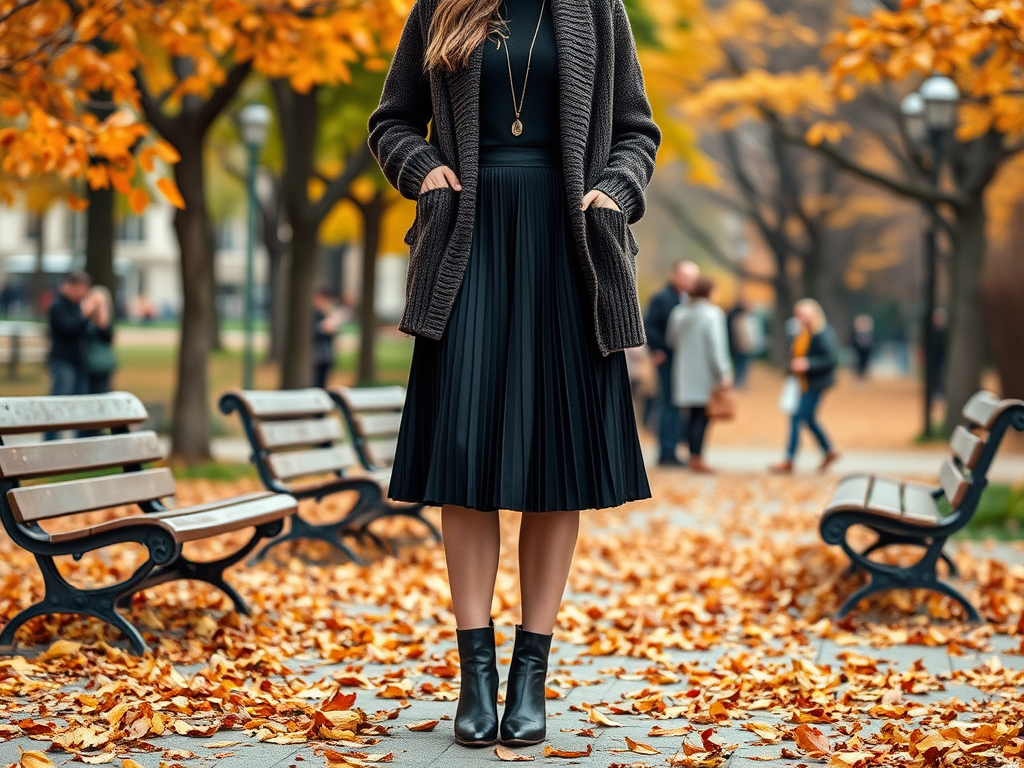 Une femme en jupe plissée noire, cardigan, et bottines, se tient parmi des feuilles d'automne dans un parc.