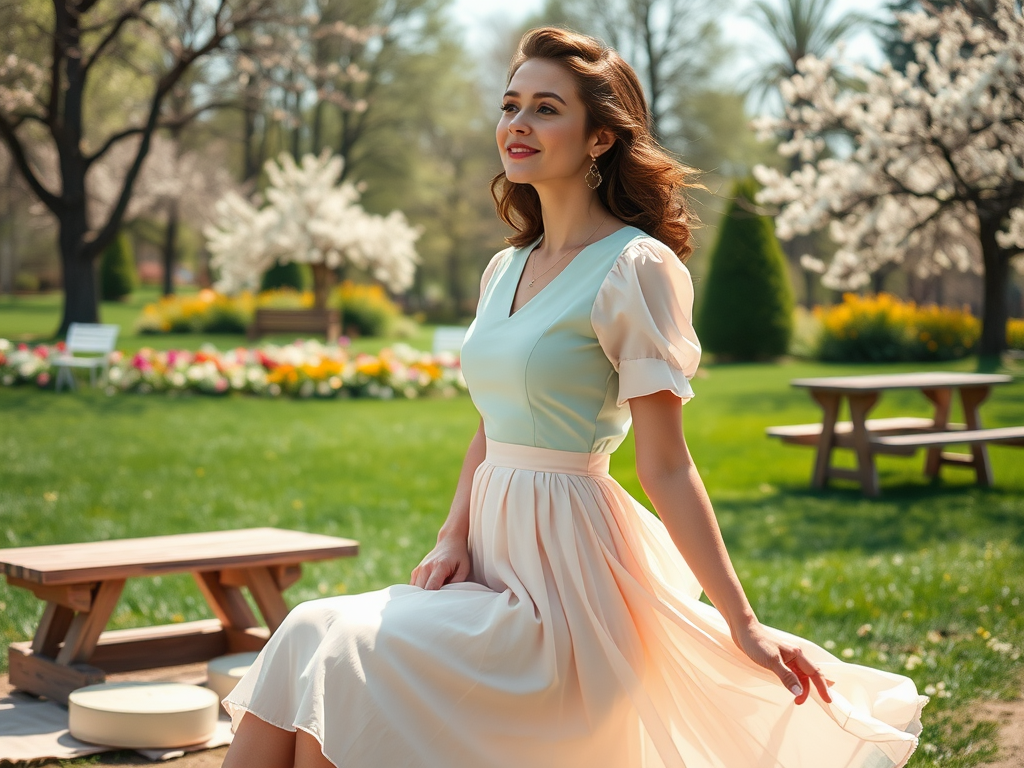 Une femme souriante en robe légère se tient dans un parc, entourée de fleurs et d’arbres en fleurs.