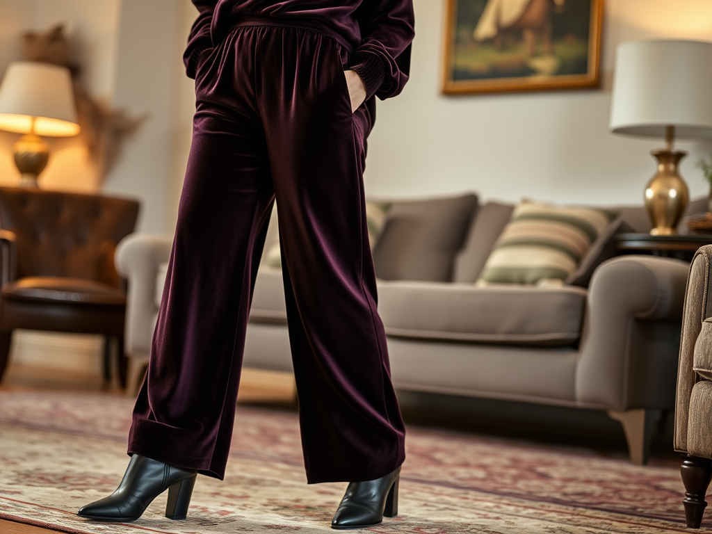 Une personne porte un pantalon violet et des bottines noires, dans un salon élégant et cosy.