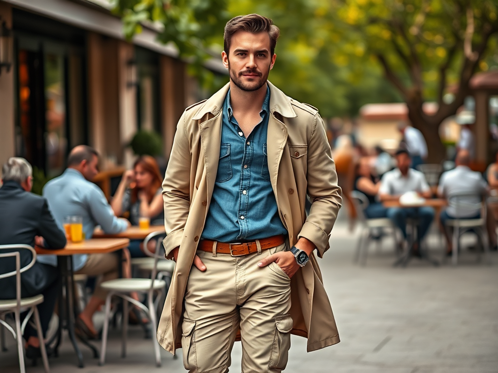 Un homme élégant en trench-coat et chemise en denim se promène dans une rue animée avec des terrasses de café.