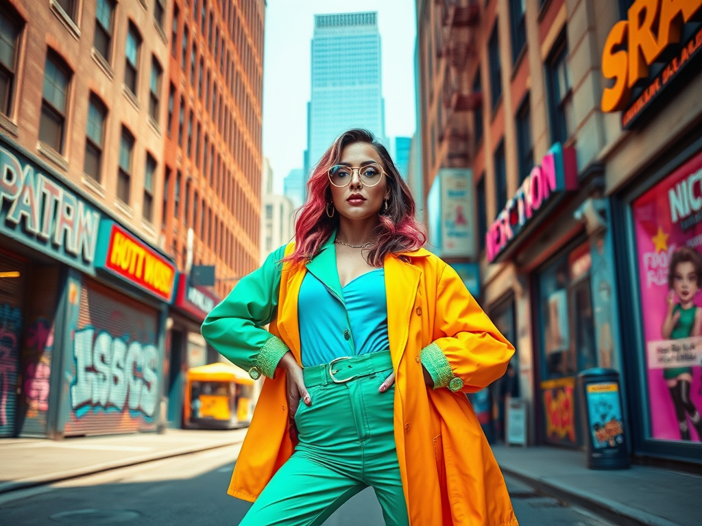 Une personne pose dans une rue urbaine, portant un manteau orange et un ensemble vert, avec des bâtiments modernes en arrière-plan.