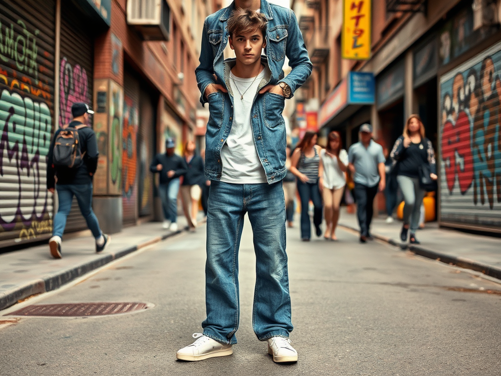 Un jeune homme en jean se tient au milieu d'une rue animée, entouré de personnes et de graffitis colorés.